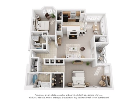 Floor plan for 2 beds, 2 baths, 1293 sqft